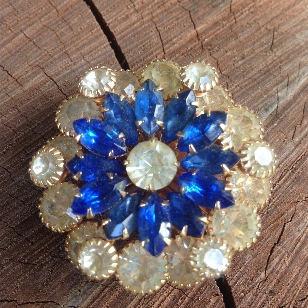 Vintage Sapphire Blue Clear Rhinestone Brooch